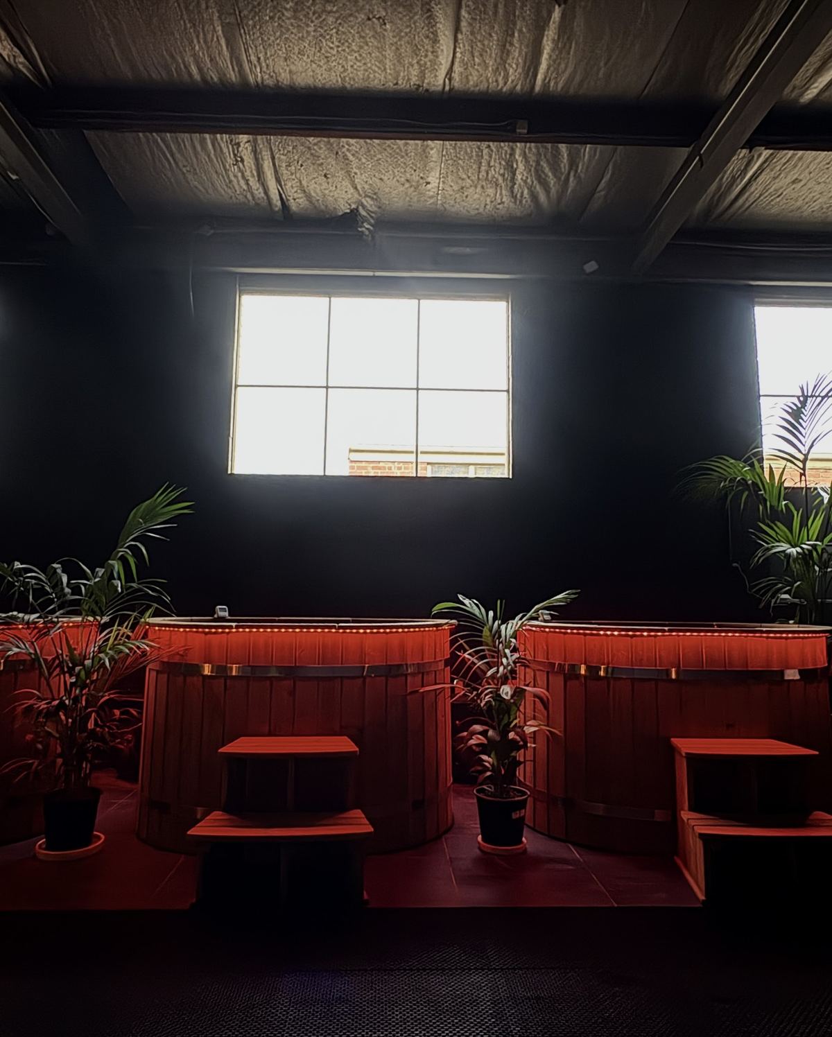 Red-lit relaxation booths