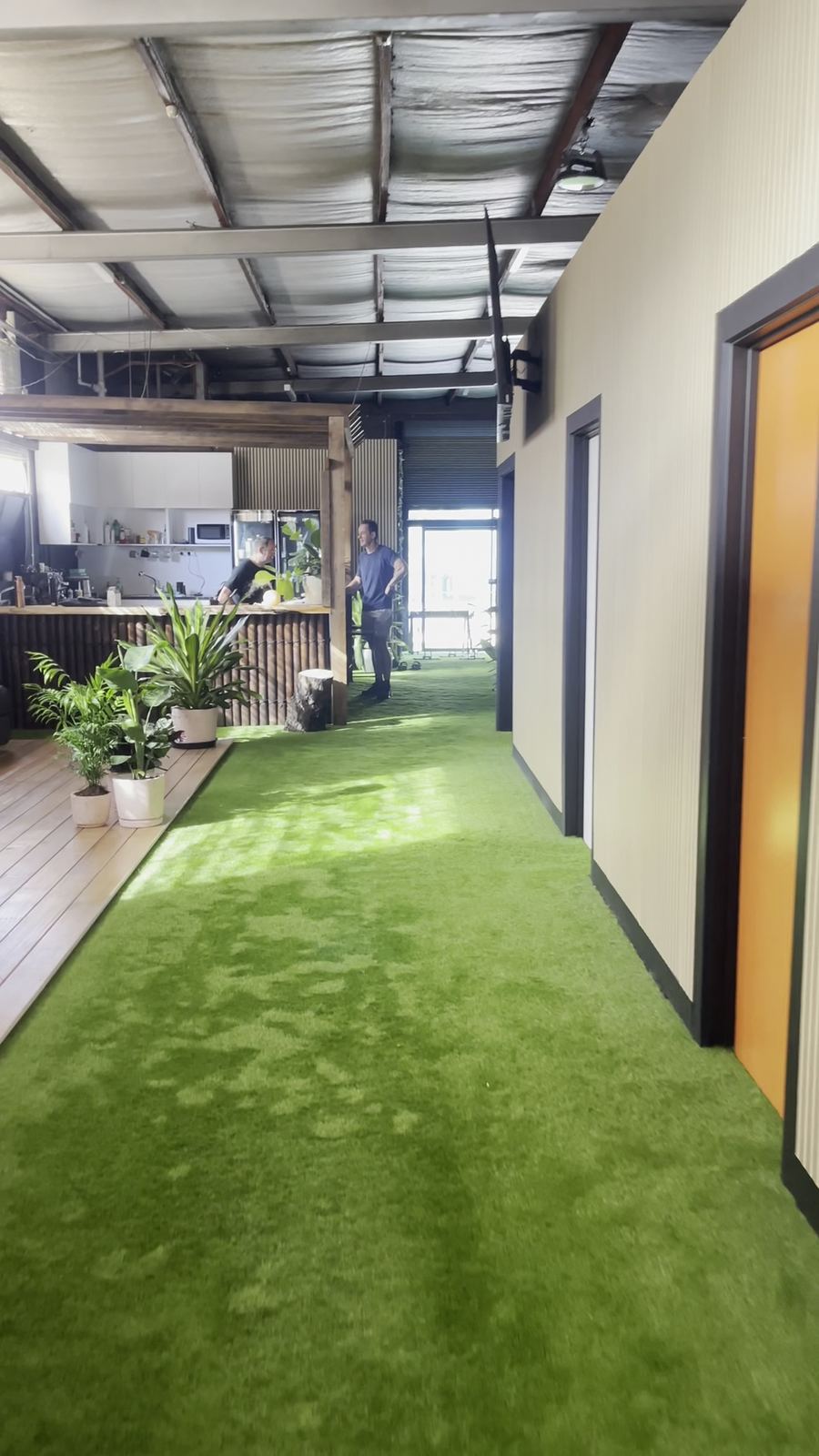 Turf-lined hallway with plants